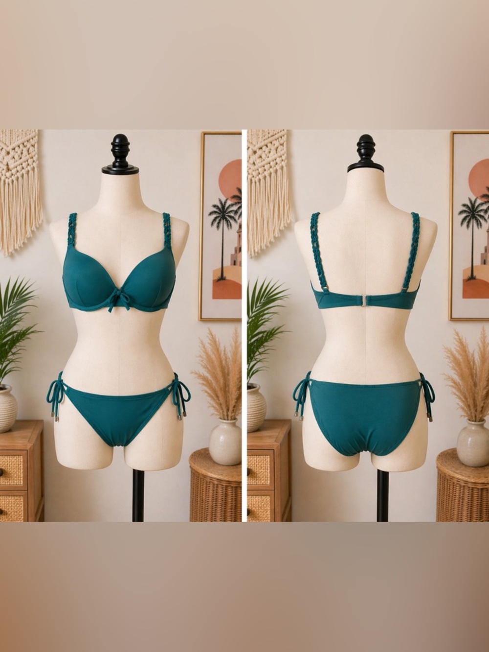 Becca Swimwear Teal Bikini Set Braided Strap Tie Side Bottom Size L